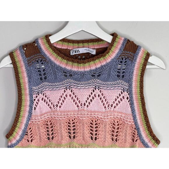 Zara Striped Round Neck Crochet Knit Cropped Sweater Vest Multi Women's Size S - Picture 4 of 9